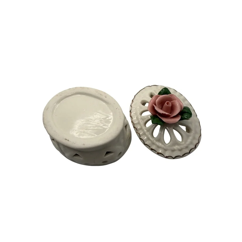 Vintage Ceramic Rose Trinket Box Lattice Heart Cutout Pink Gold Trim Small Oval
